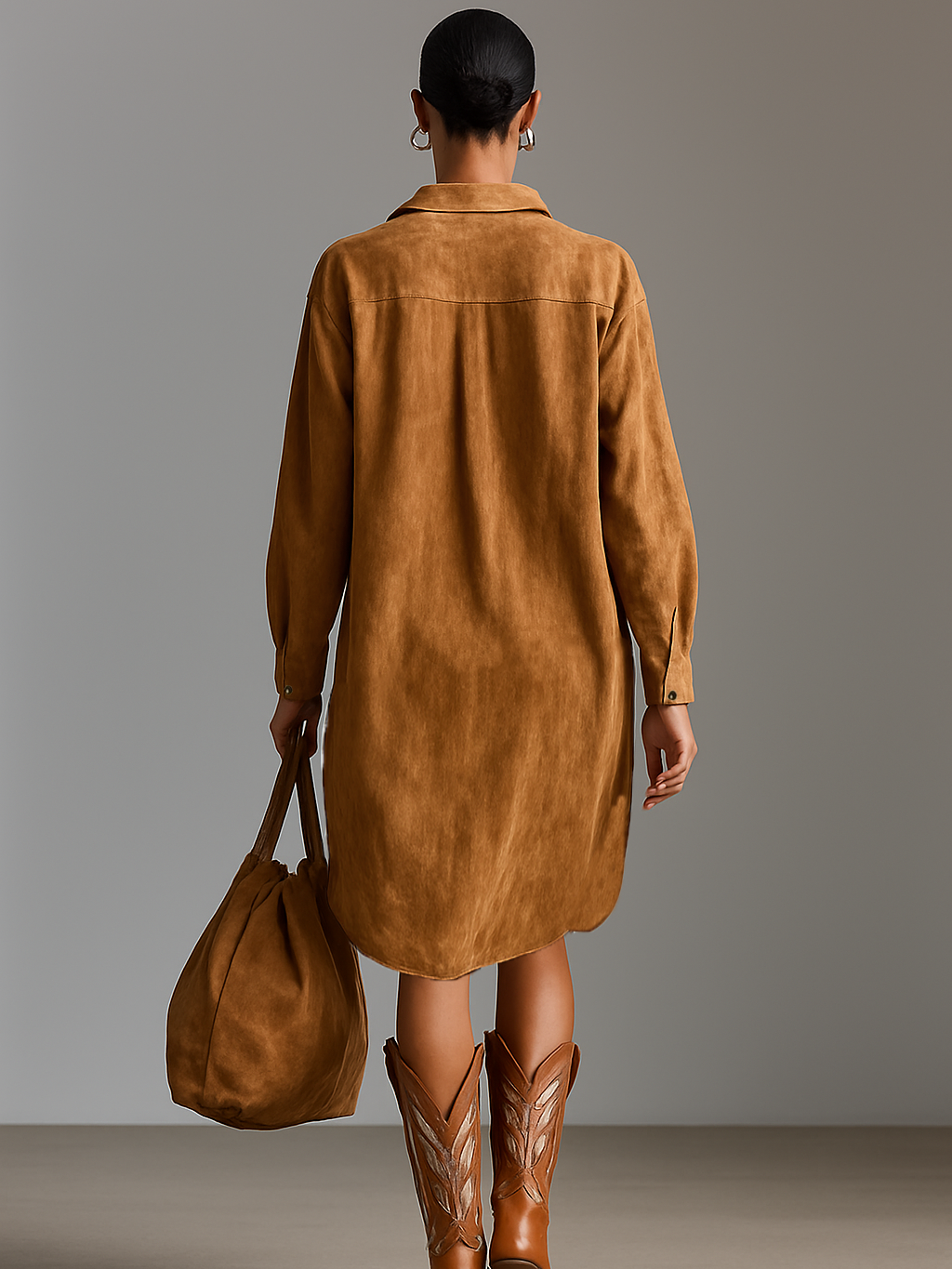 Women's Midi Dress Made of Suede Fabric with Open Collar, Embroidered, with Long Sleeves MDA1489H9Y
