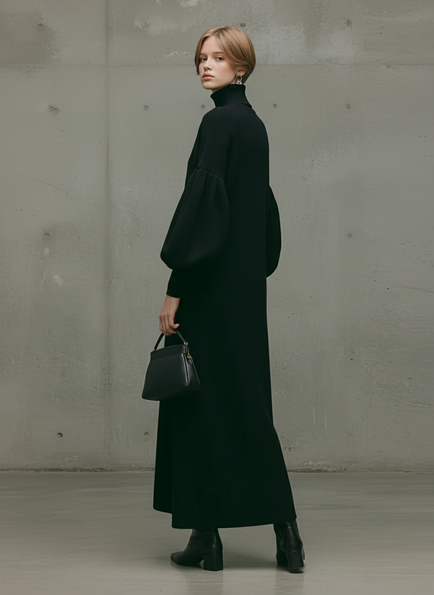 Modern Maxi Dress for Women with Black Turtleneck and Puff Sleeves MDA1503L6AU