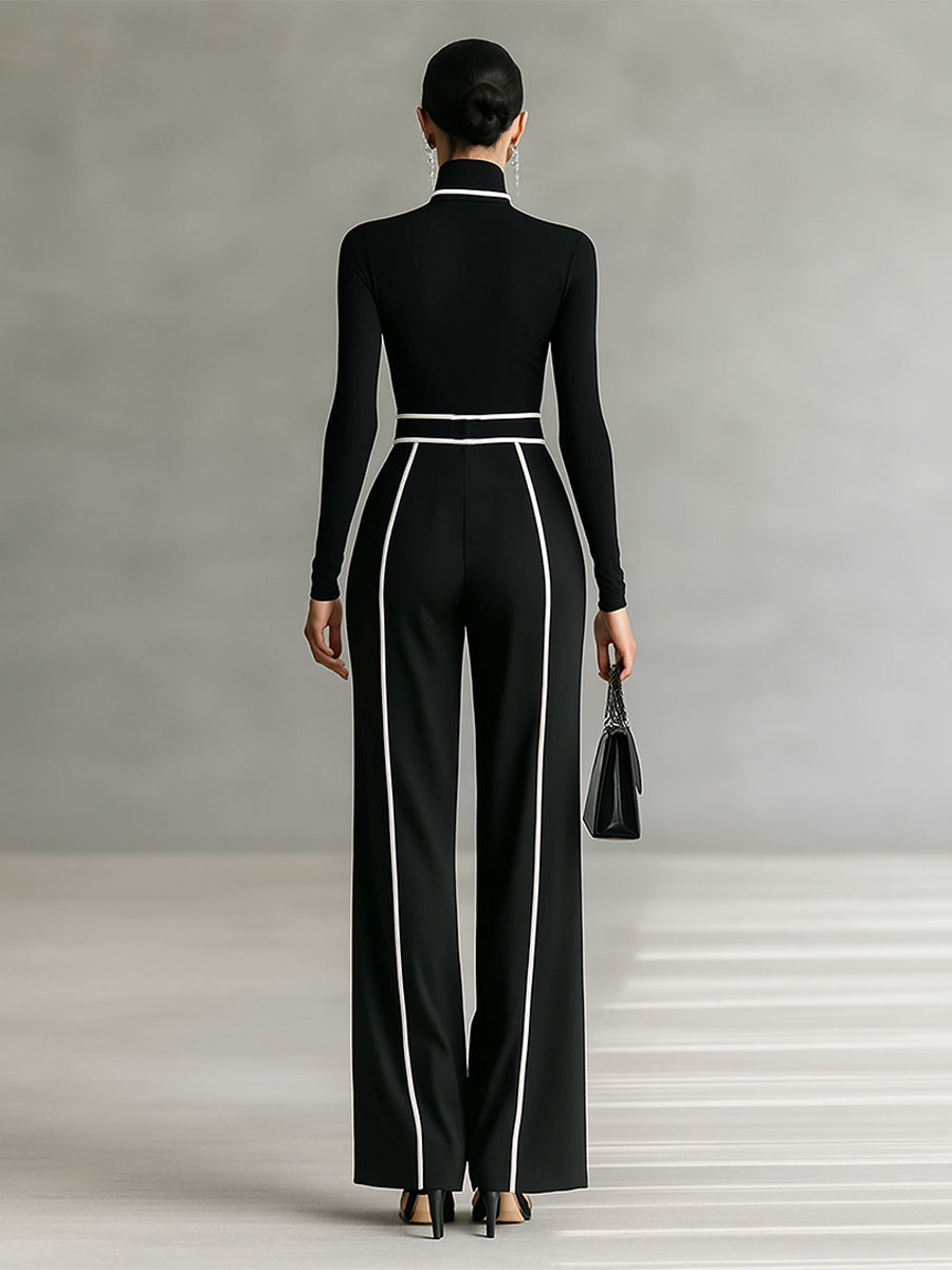 Two-Piece Set for Women with High Neck, Long Sleeves, Wide Pants, and Belt