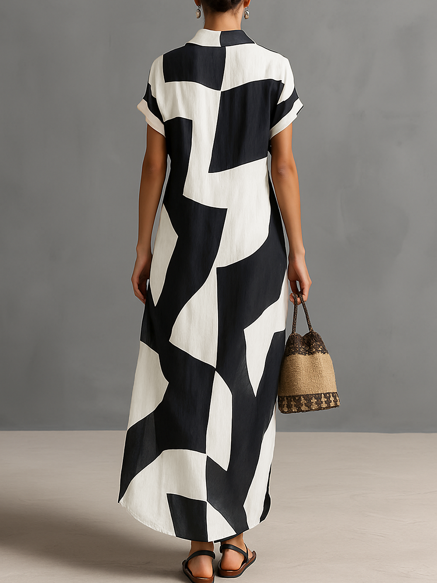 Short maxi dresses with short sleeves and irregular geometric stripes made of mixed cotton and linen MDA1689G1Y