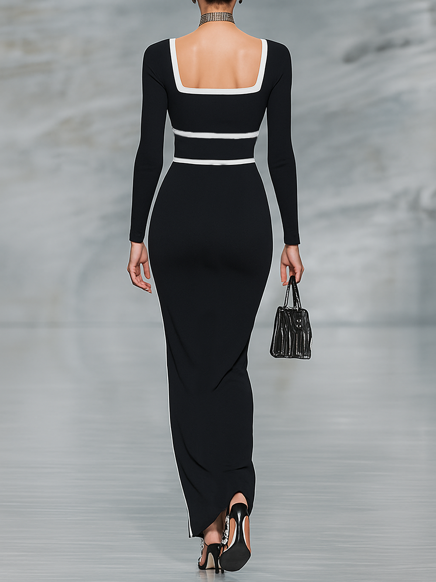 Fitted Maxi Dresses with Square Neckline and Long Sleeves in Black and White MDA1698G8Y