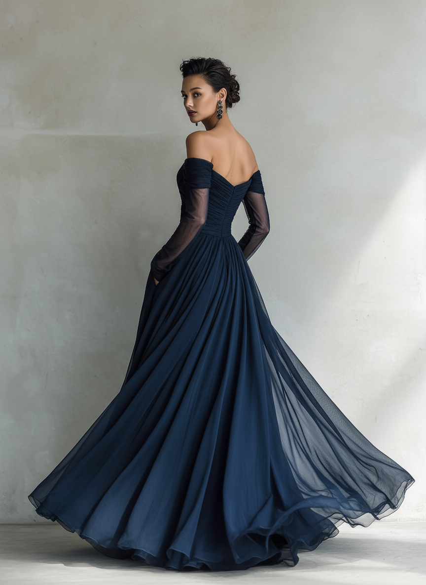 Maxi Dresses for Women in Dark Blue, Made of Organza Silk, with Long Sleeves and Off-the-Shoulder MDA1711L9AN