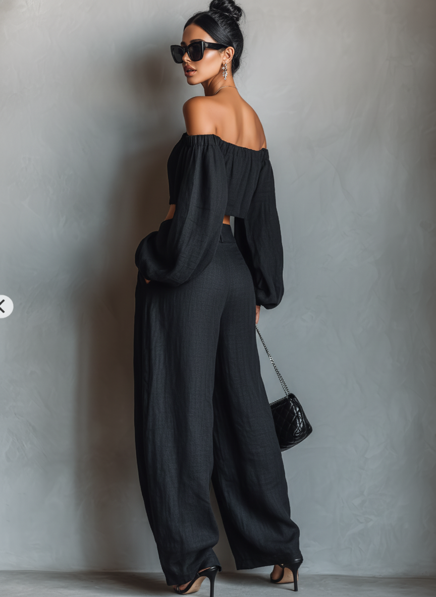 Women's Minimalist Linen-Colored Bodysuit Without Sleeves with Wide Pants MDA1900L7Y