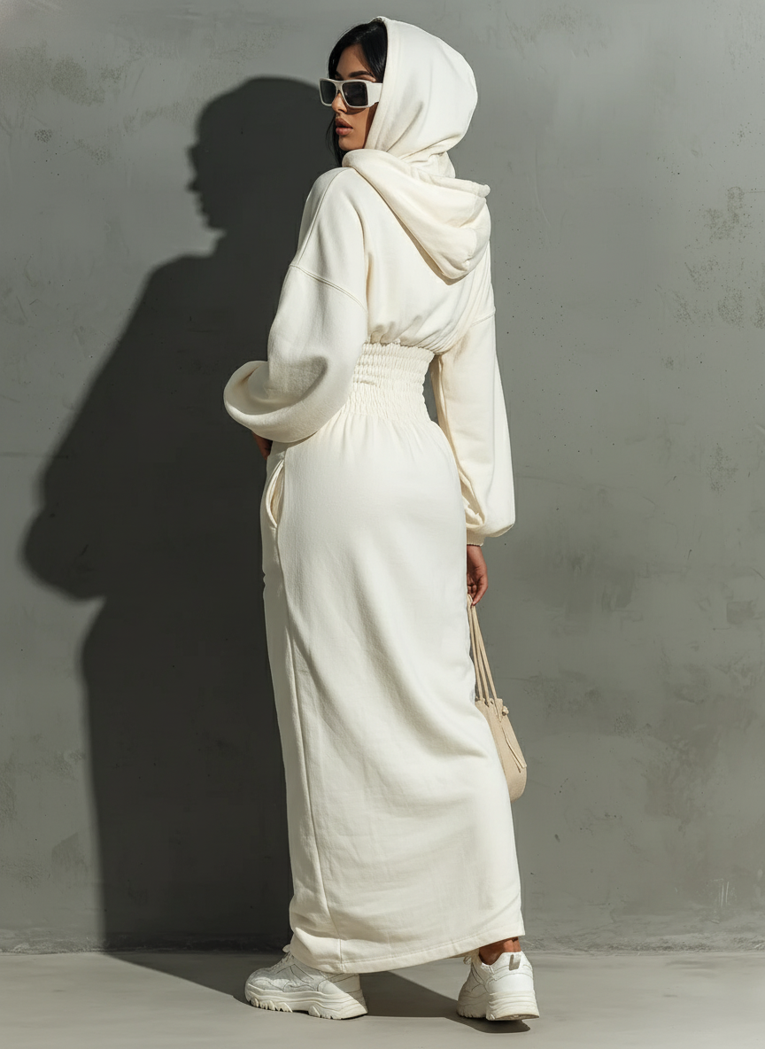 Maxi Dress with Waist Pleats, with Hood, Minimalist Style for Women MDA1965L4Y