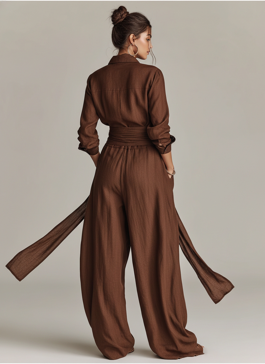 Women's Bodysuit with Collar, Woven from Cotton-Linen Fabric in Brown, with Belt MDA1965L9AN