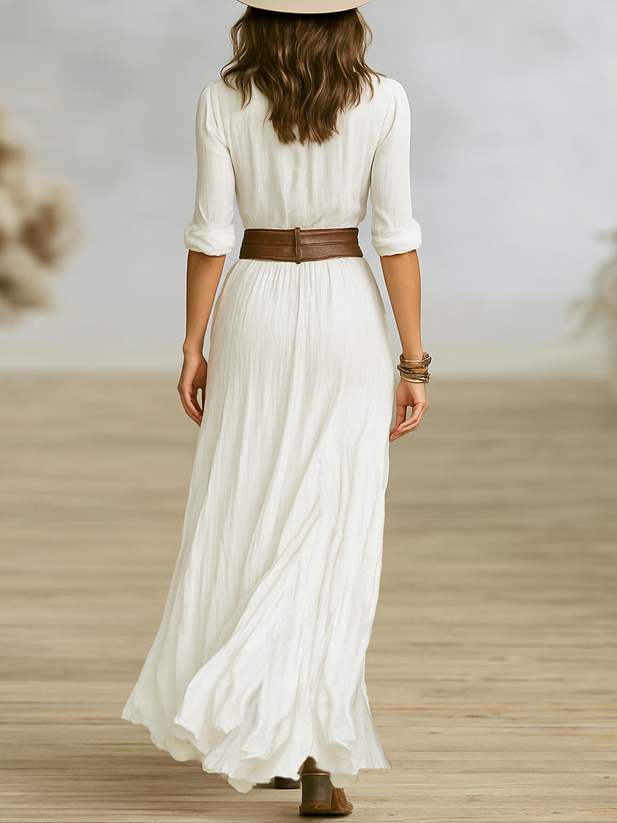 Long Maxi Dresses for Women Made of Cotton-Like Fabric and Linen with Reversible Collar