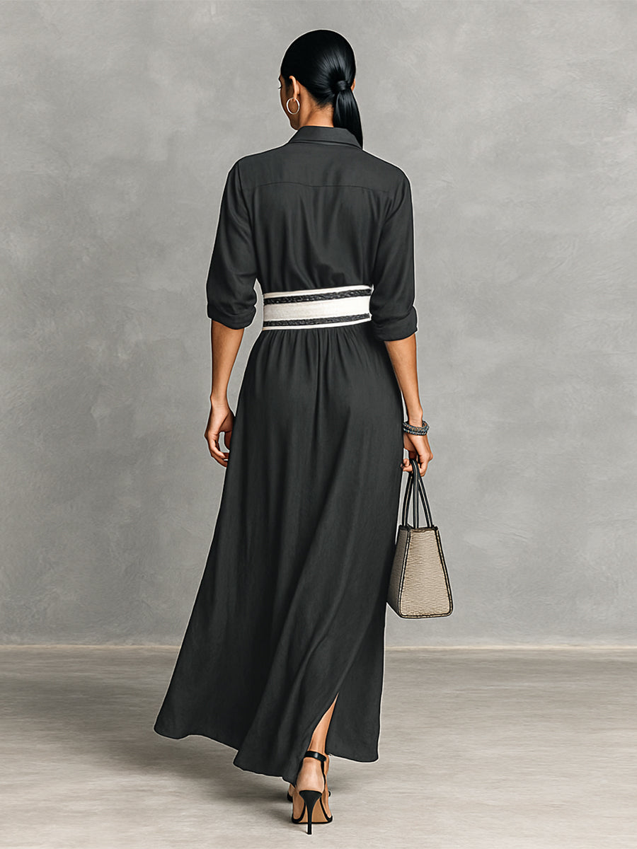 Maxi Dress for Women in Soft Copro Fabric with Classic Collar, One Button, Long Sleeves MDA2258G6Y