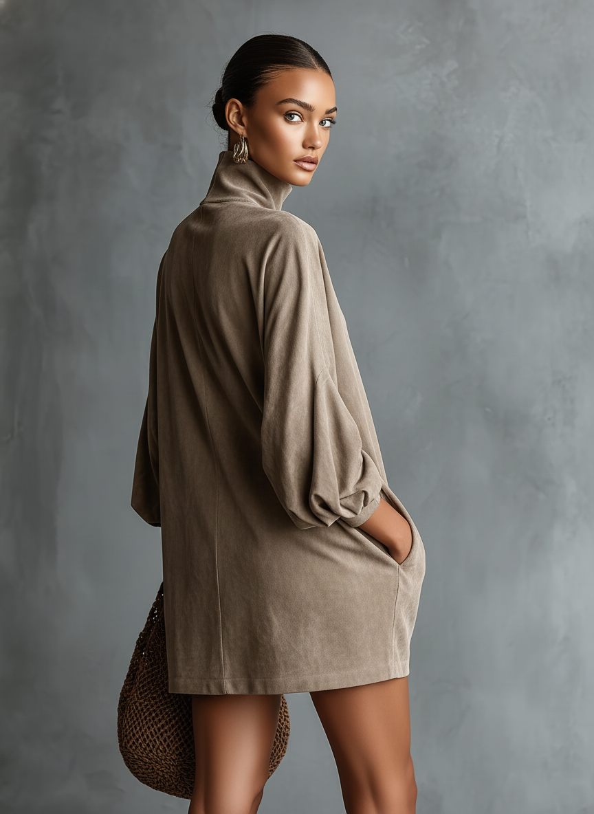 Mini Dress for Women in Minimalist Design, Loose Fit, Made of Suede-Like Fabric, with High Collar MDA2423K1Y