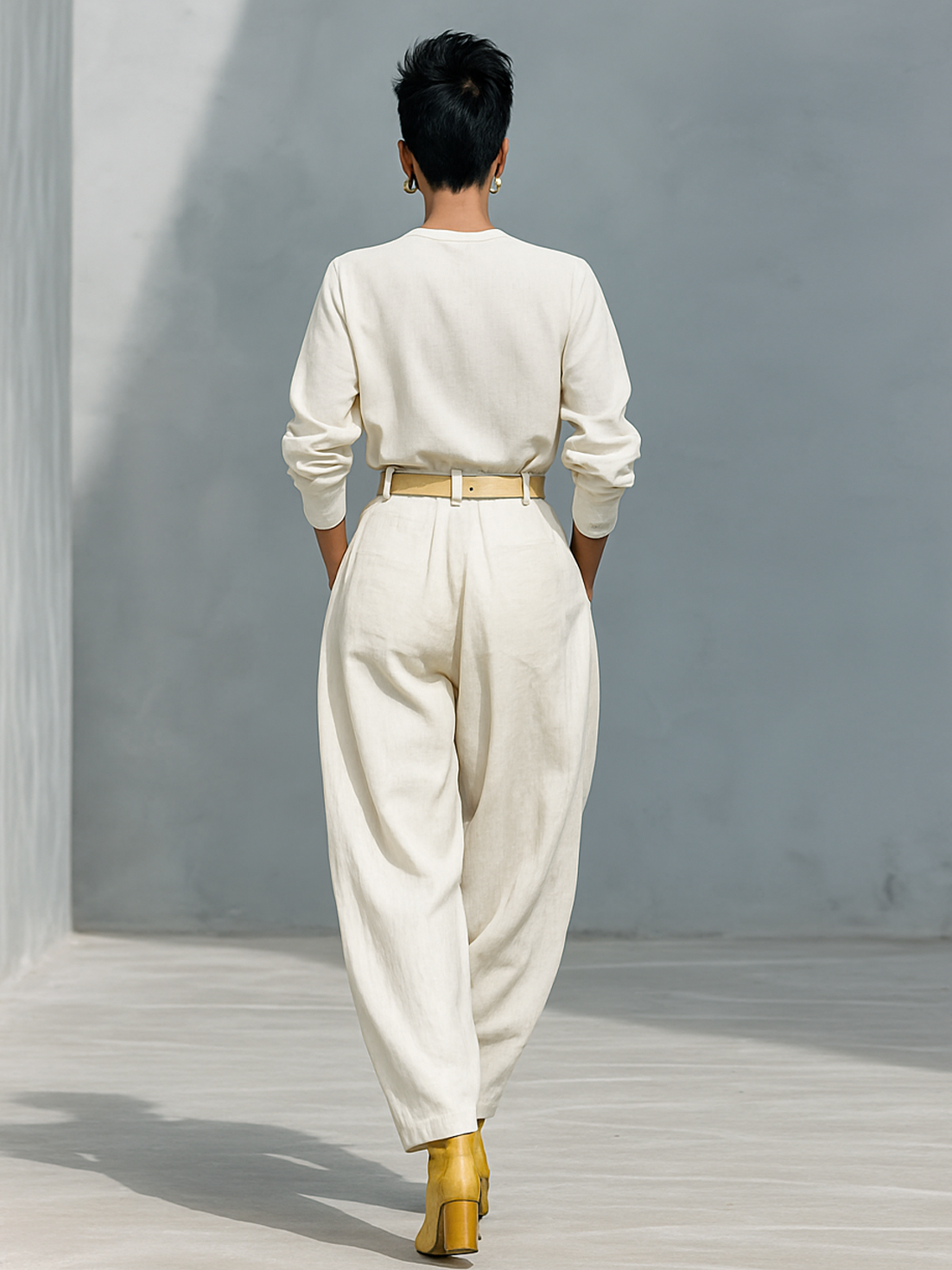 Long Sleeve T-Shirt Set with Round Neck and Wide Pants Made of Cotton and Linen for Women (Belt Not Included) MDA2555G6Y