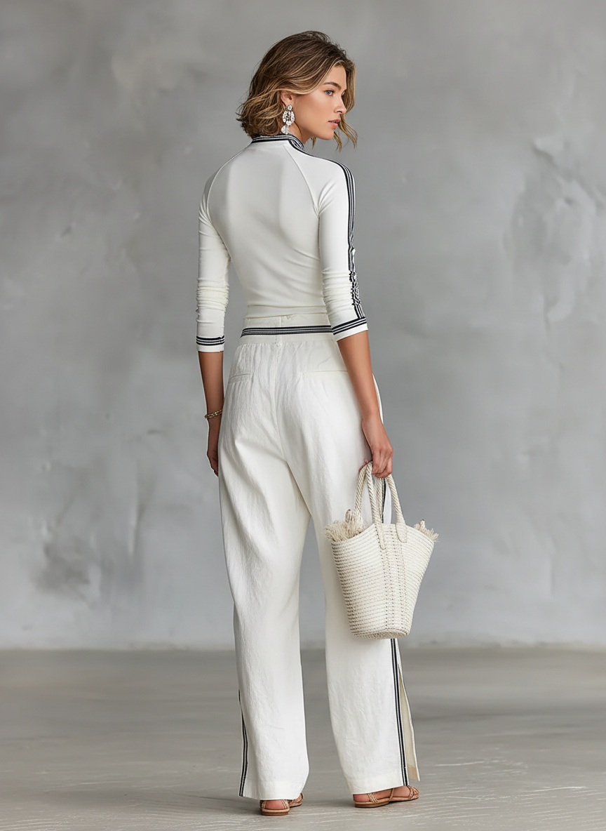 Long Sleeve High Neck T-Shirt for Women and Wide Pants with Drawstring - Two-Piece Set