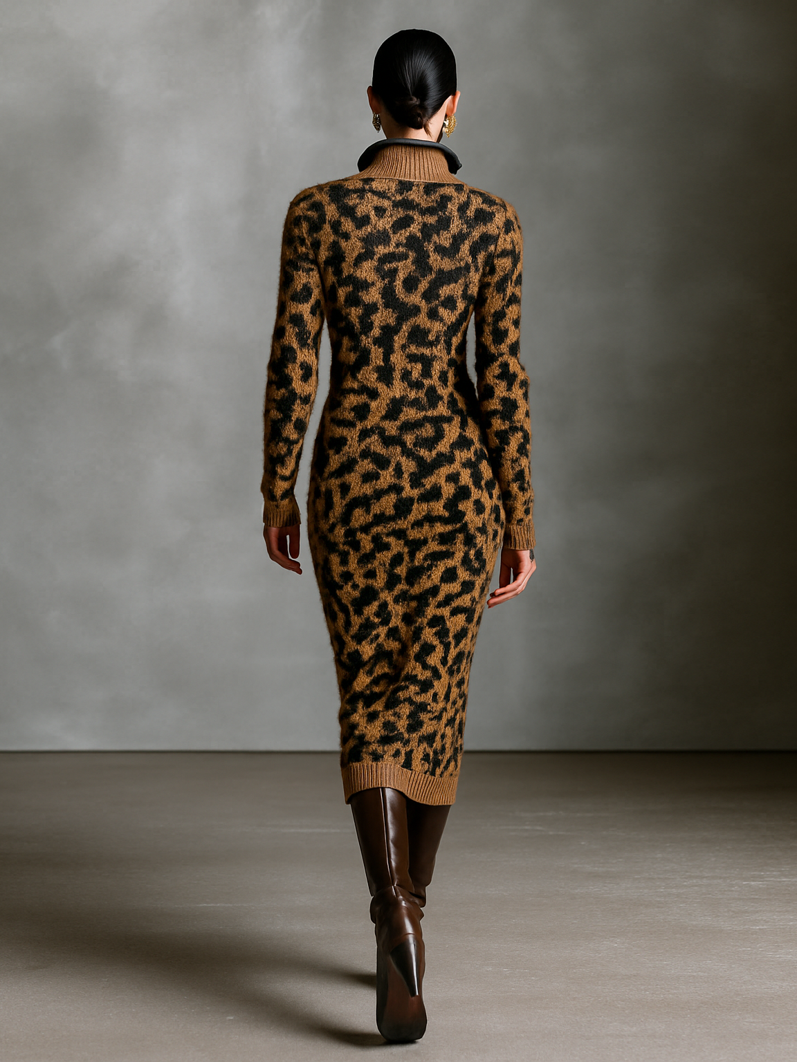 Fashion Dresses for Women with Leopard Print, Jacquard, Knitted, with Zipper at the Neck, Midi Length MDA2579H3Y