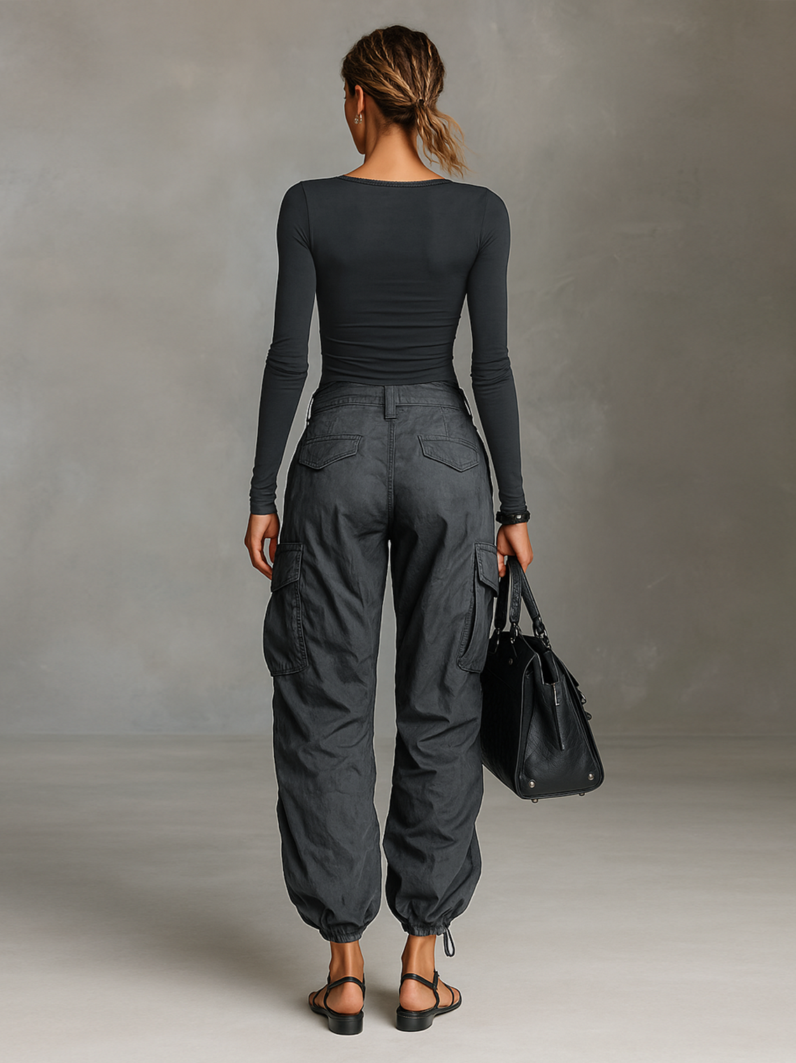 Two-Piece Set: Long Sleeve Square Neck T-Shirt with Cargo Pants with Many Pockets