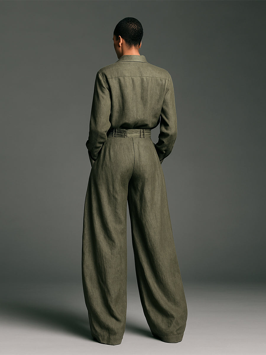 Double Set for Women Made of Cotton and Linen with Long Sleeve Shirt and Wide Pants