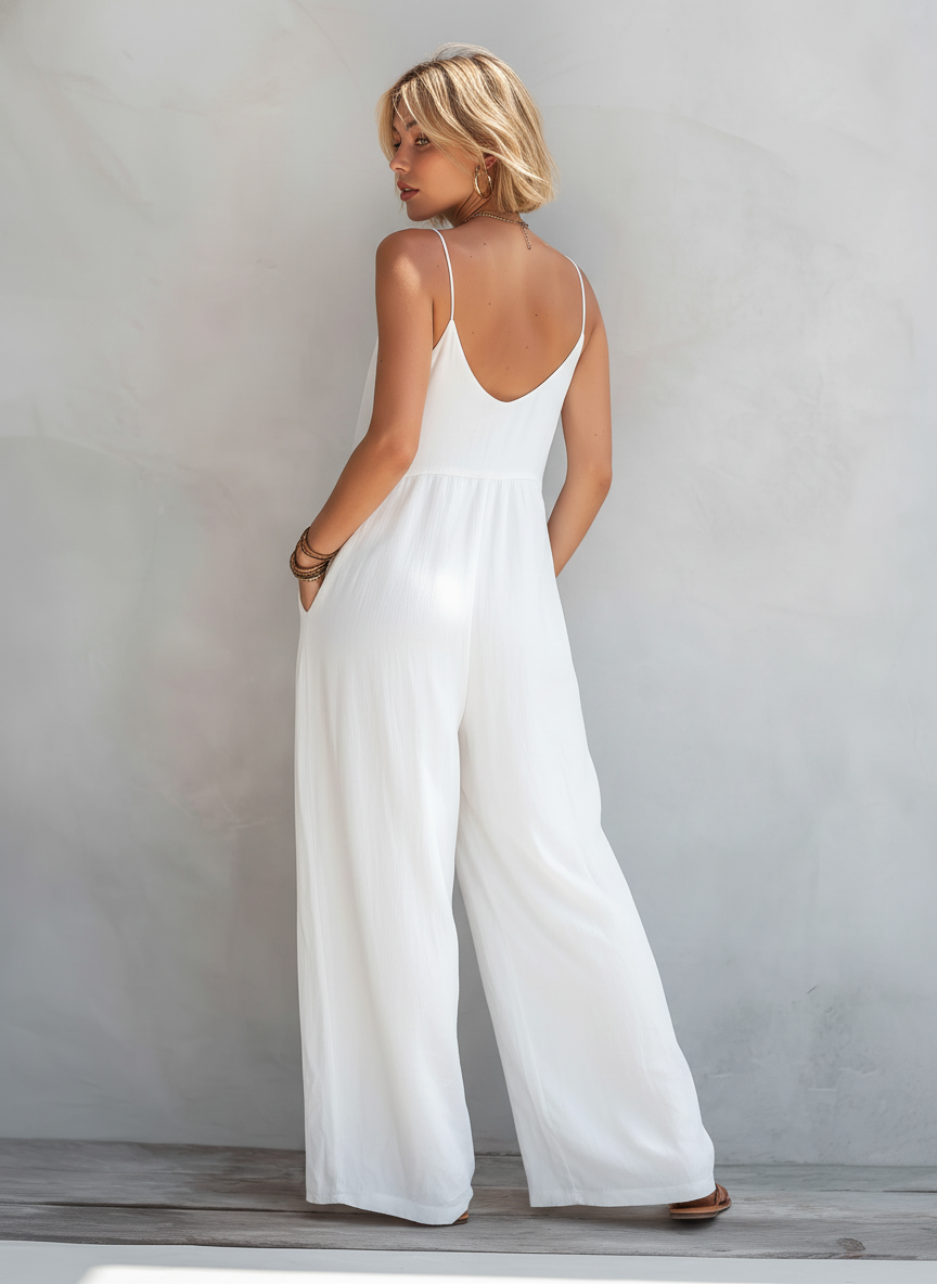Women's Summer Bodysuit in White Made of Cotton and Linen MDZ0246C9AN