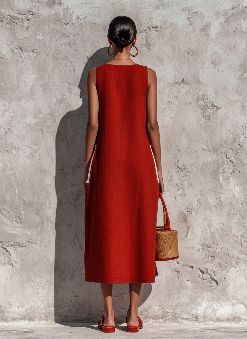 Red Sleeveless Midi Dresses for Women in Cotton-Linen Blend with Contrasting White Piping and Double Side Pockets MDZ0318F7T