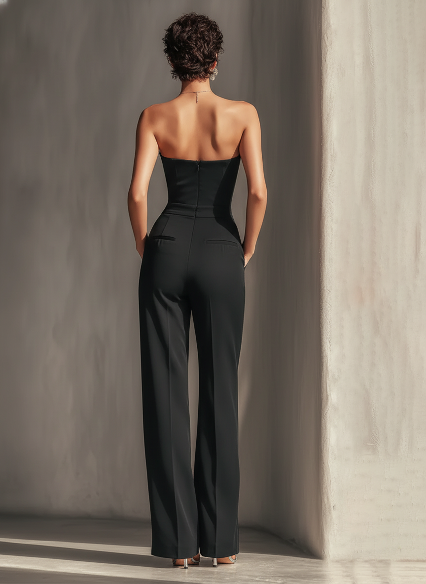 Strapless Women's Jumpsuit in Black with Contrasting White Vertical Stripes and Side Pockets MDZ0336C7T