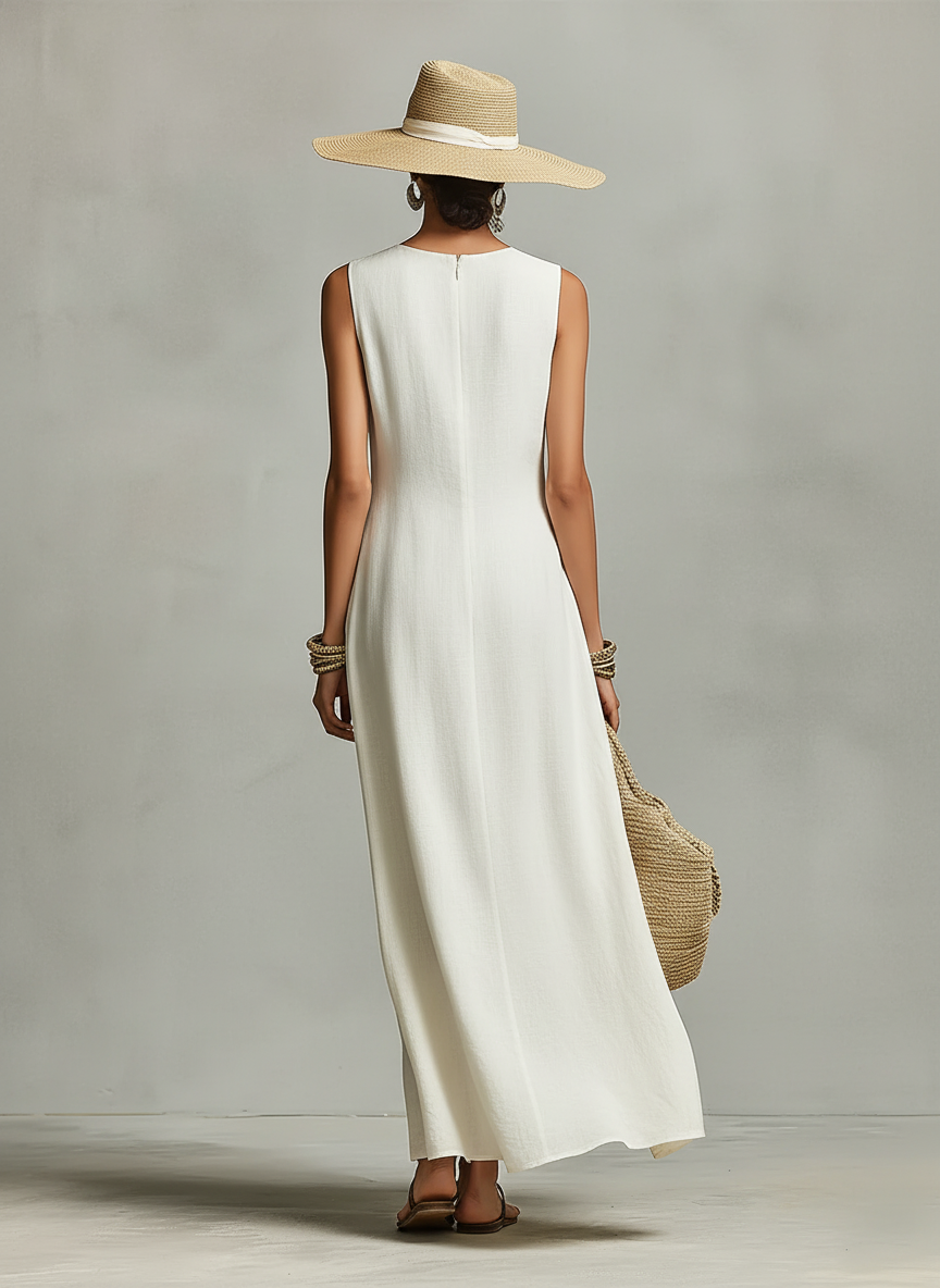 Women's Breathable Linen Dresses in Ivory with Sleeveless Details and Asymmetrical Hem, Modern Casual-Feminine Style Dress MDZ0408C2I