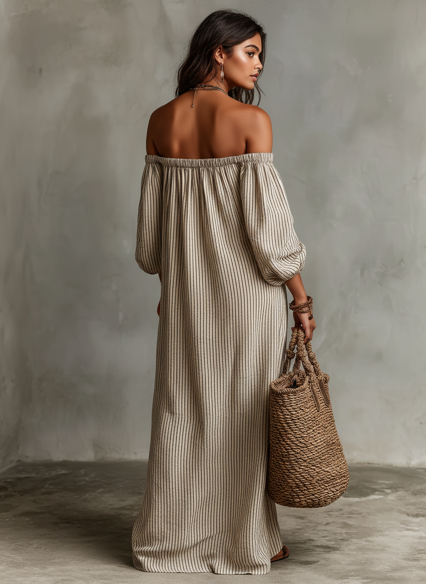 Kerman | Long Dress Made of Cotton and Linen with Off-Shoulder Design