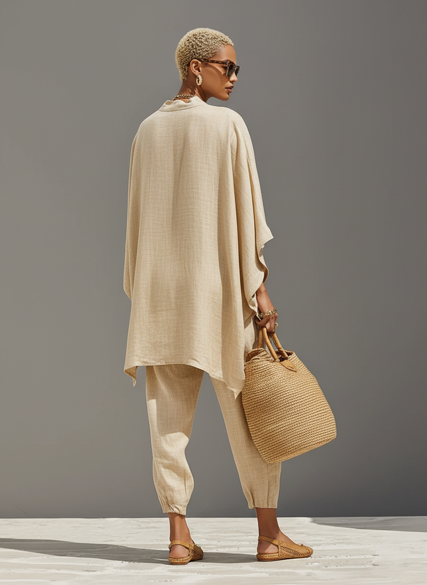 Neutral Linen Set for Women with Asymmetrical Edges and Minimalist Design, Sophisticated Everyday-Elegant Style MDZ0501B3I