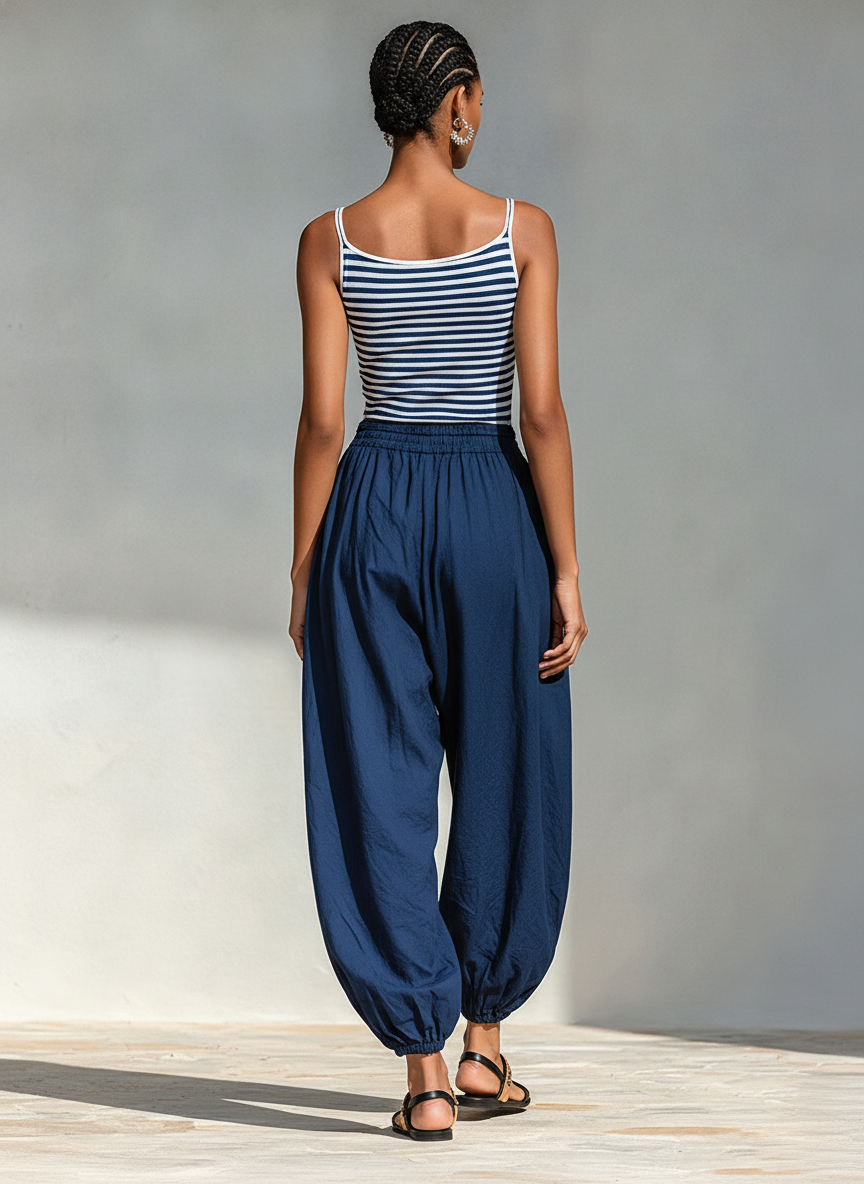 Two-Piece Set for Women in Navy and White with a Square Neckline Slim Top and Drawstring Pants, Minimalist Vacation Outfit MDZ0518F8LYL
