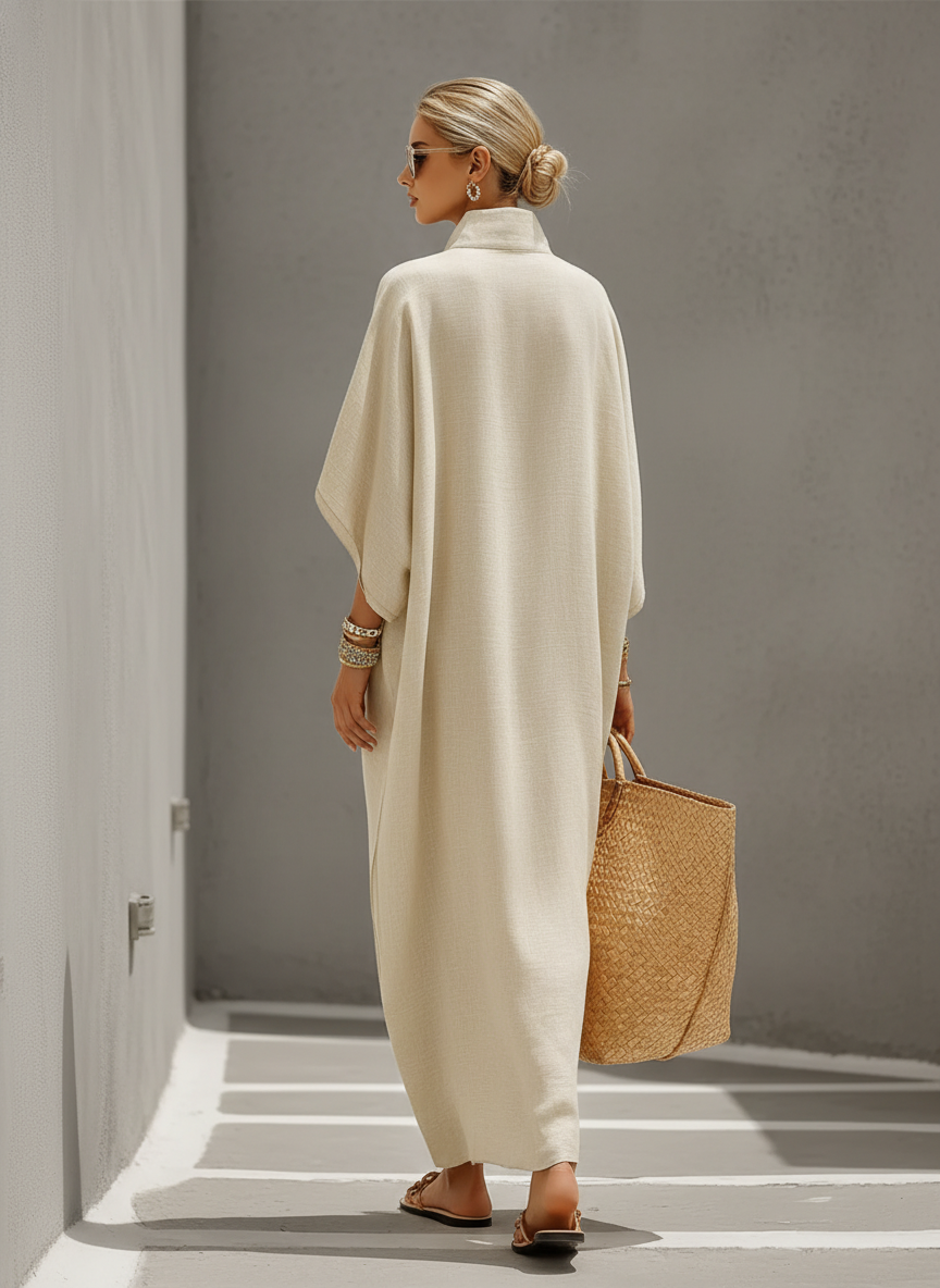 Linen Grain Dresses for Women with Mandarin Collar and Dolman Sleeves, Timeless Everyday Vacation Style Dress MDZ0552B1I