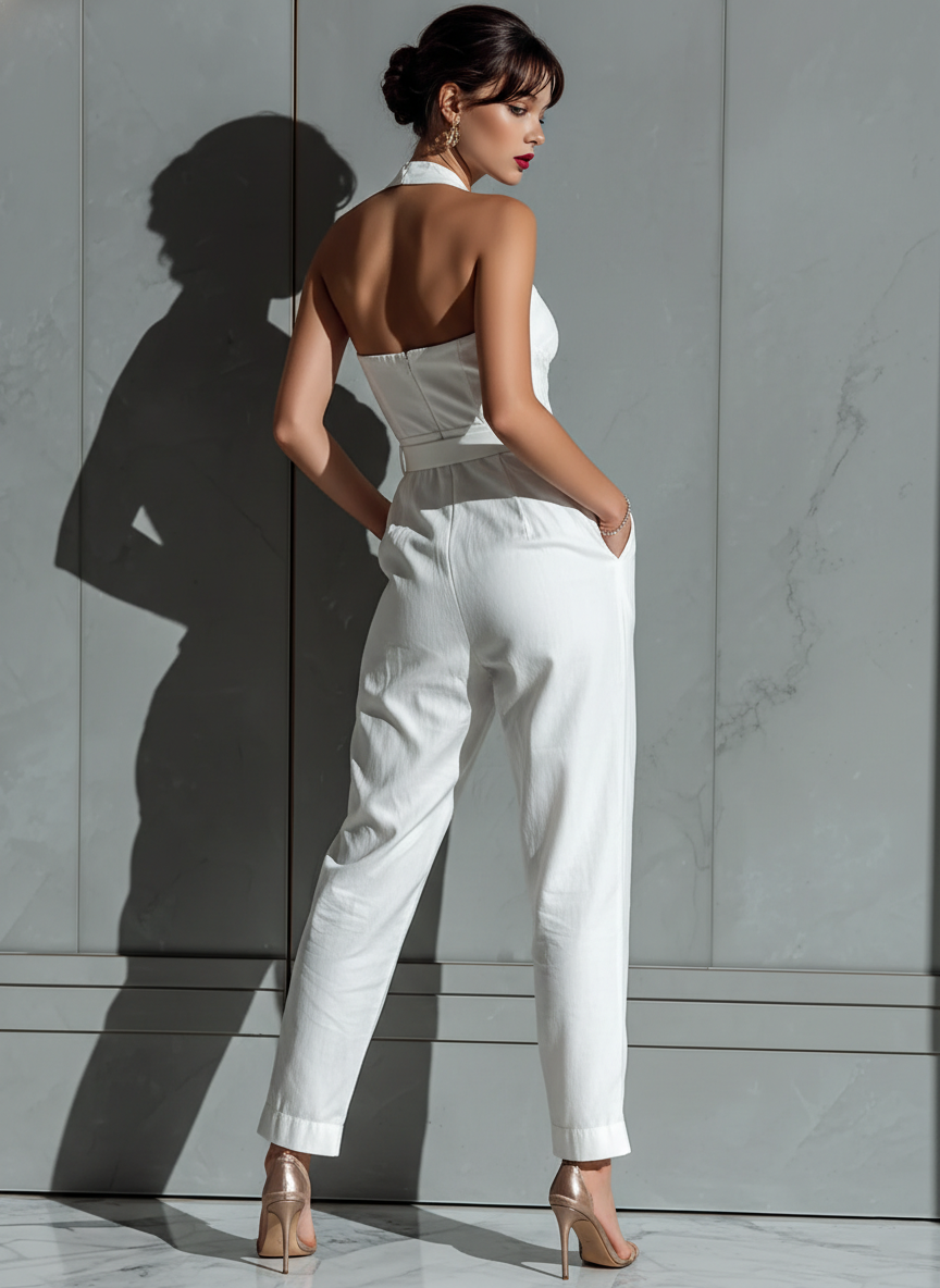 Women's Ivory Suit with Wide Legs and Embellished Waist MDZ0674B7T