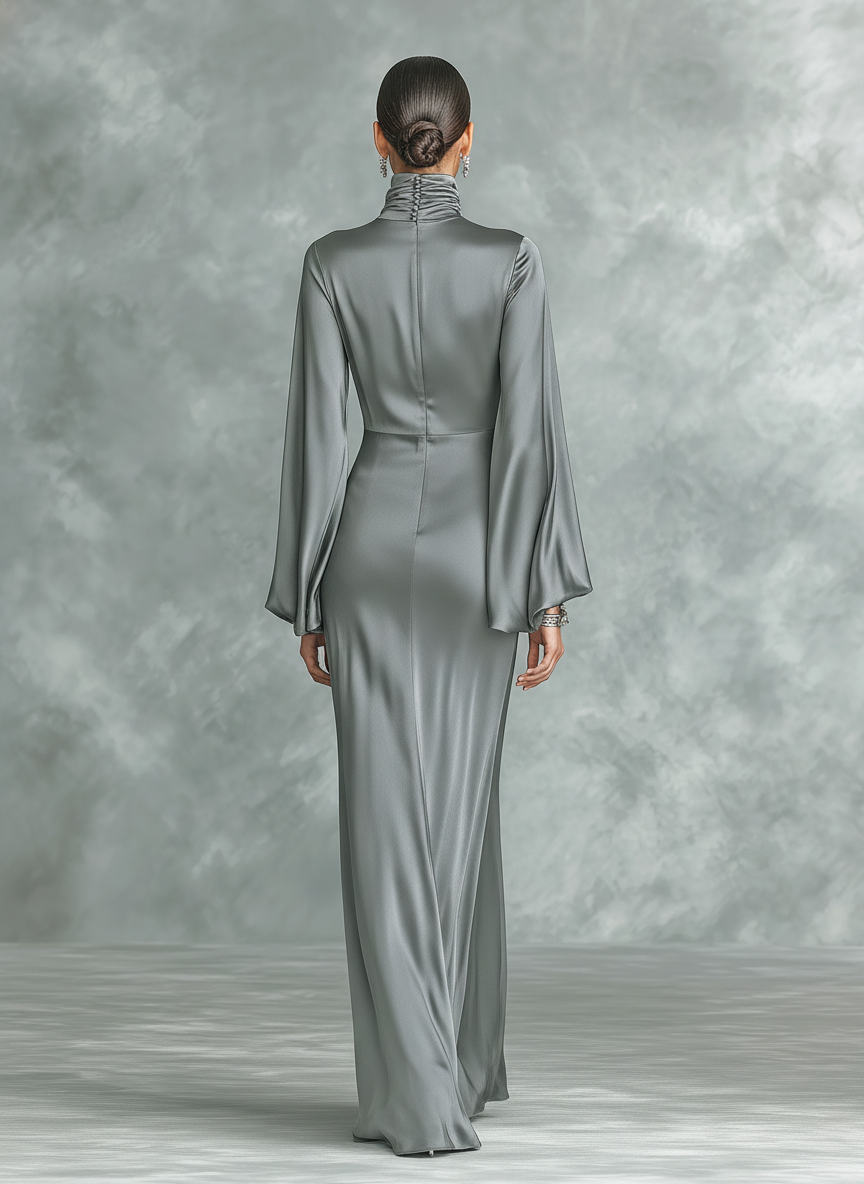 Stylish Gray Maxi Dress for Women with High Collar, Long Sleeves, and Loose Cut MDZ0690A0AN
