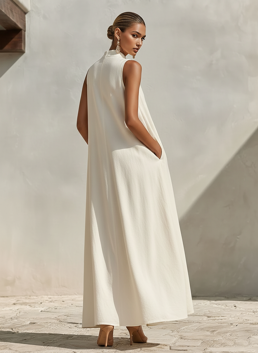 Sleeveless Maxi Dresses in Cream Color Made of Mixed Linen Fabric with a Durable Collar and V-Neck, Timeless Minimalist Summer Dress MDZ0806E9LYL