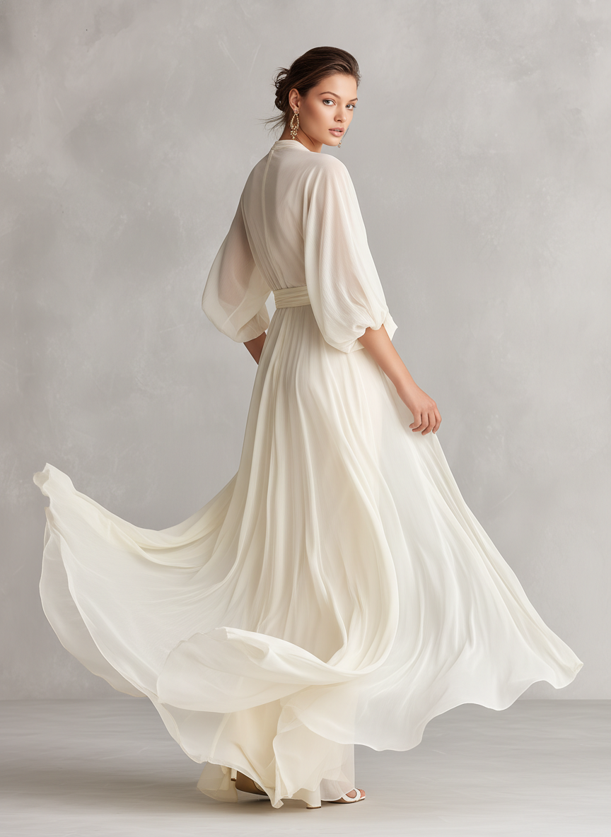 Ivory Sheer Chiffon Dresses for Women with Puff Sleeves and Wrap Details, Classic Romantic-Luxury Dress MDZ0932A1I