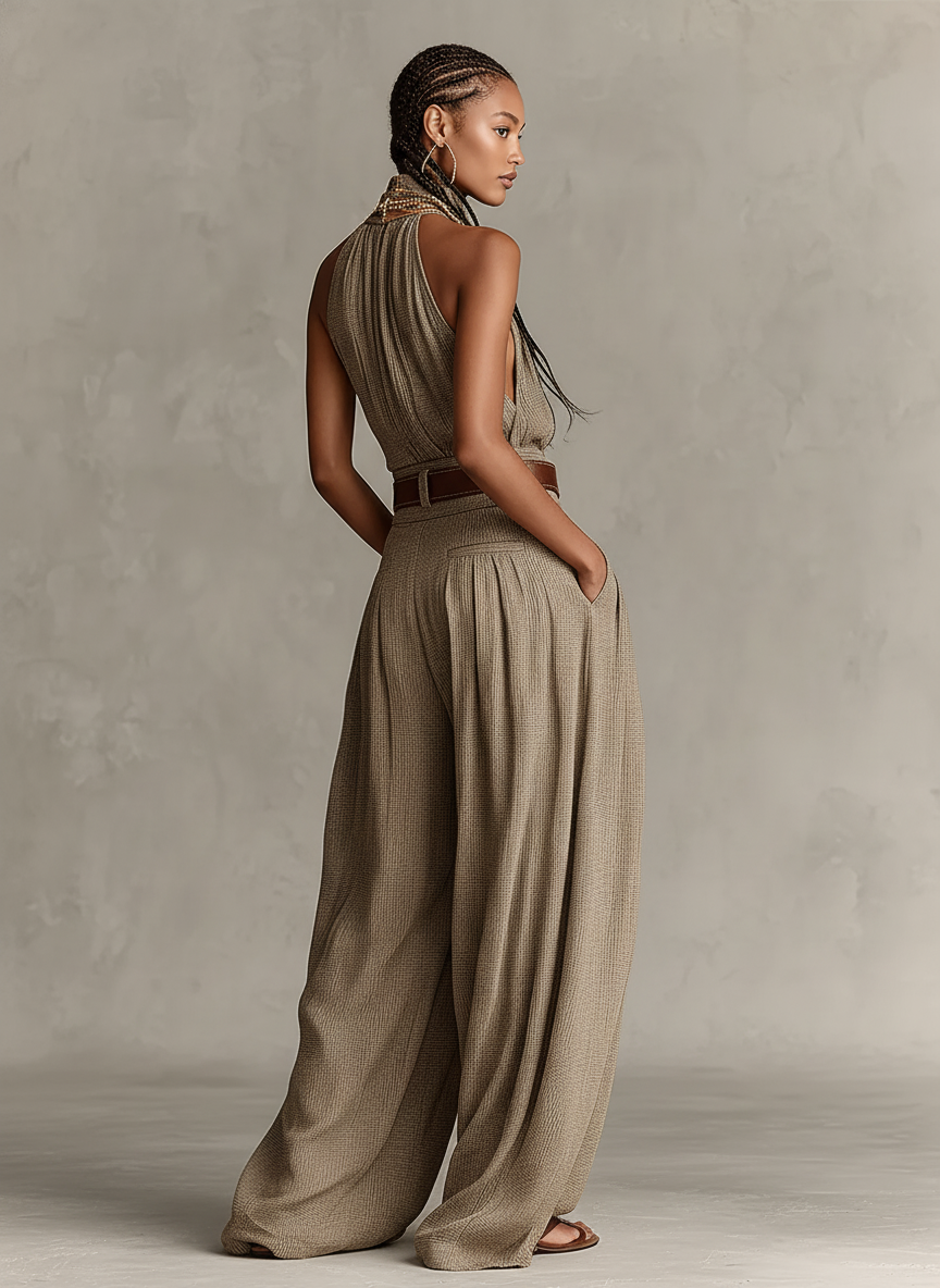 Women's Jumpsuit in Top Color with Cotton Blend, Halter Neckline and Wide Leg Silhouette, Timeless Boho-Elegant Style (No Belt) MDZ0940C3I