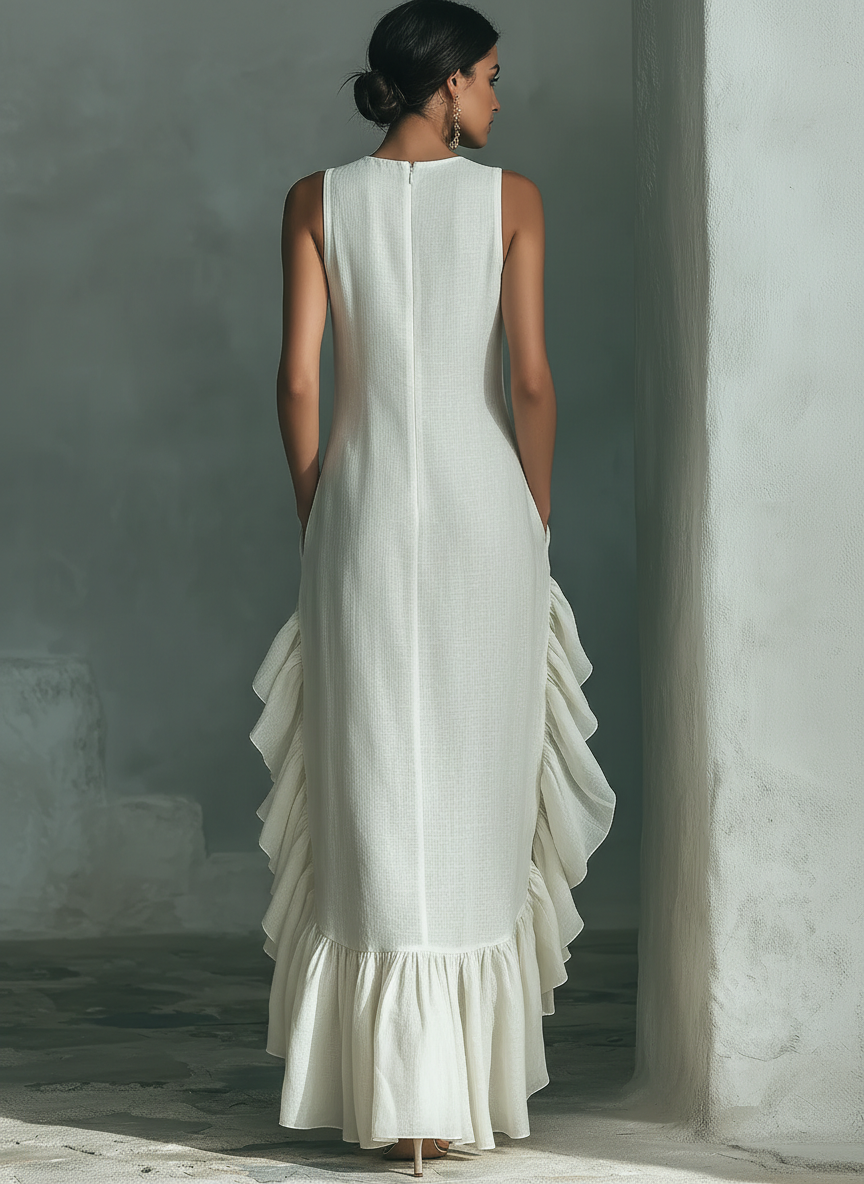 Sleeveless Maxi Dress in Ivory Linen with Round Neck and Fringes MDZ0973B9T