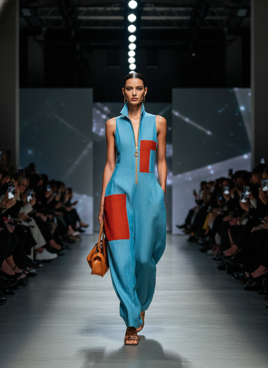 Women's Sleeveless Suit in Blue with Red Pockets and Half-Zip Cardigan MDZ0982E4T