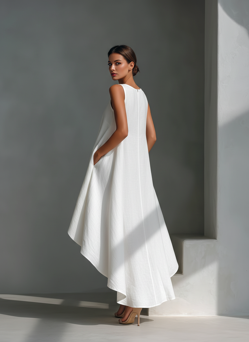 White Linen Sleeveless Midi Dresses for Women with Round Neck and Asymmetrical Skirt MDZ0987B9T