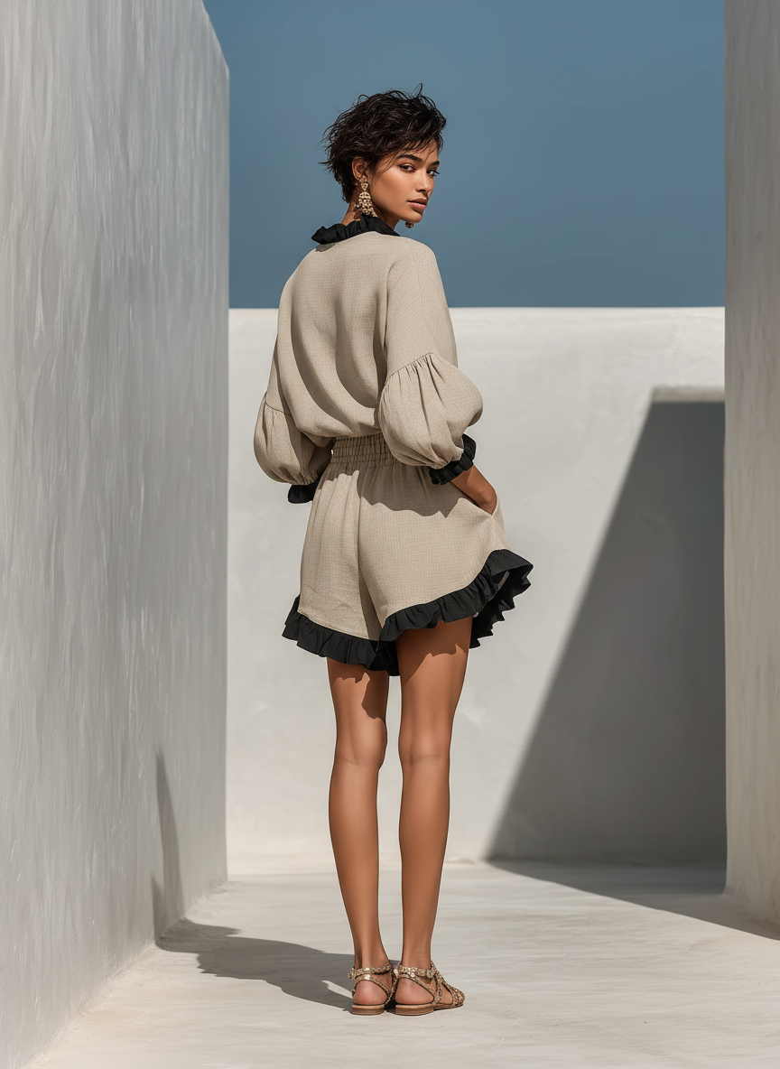 Long Sleeve Blouse for Women in Beige with Contrasting Raffia Edges and High-Waisted Shorts with Raffia Trim - Two-Piece Set MDZ1018D0T