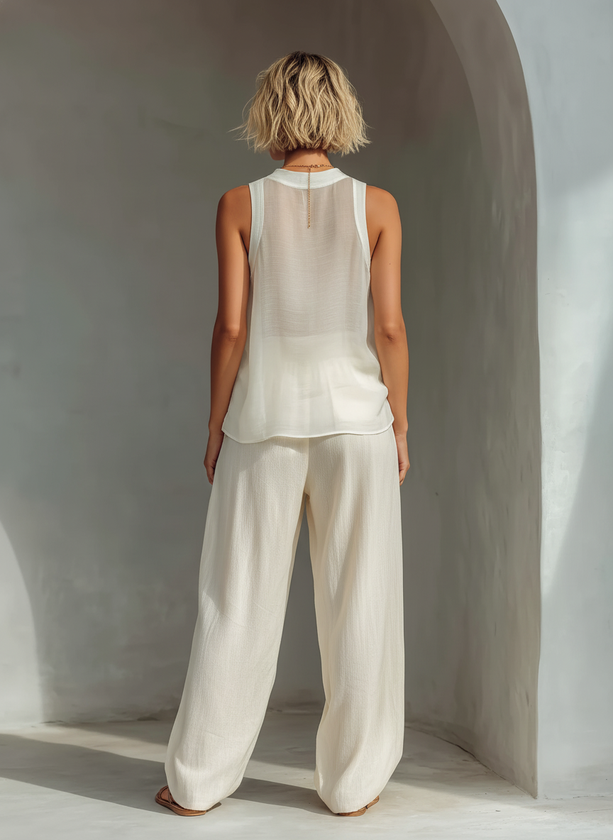 Two-Piece Set for Women in Cream Color with Sleeveless Sheer Silk Top and Wide Skirt Made of Cotton and Linen MDZ1039C4T