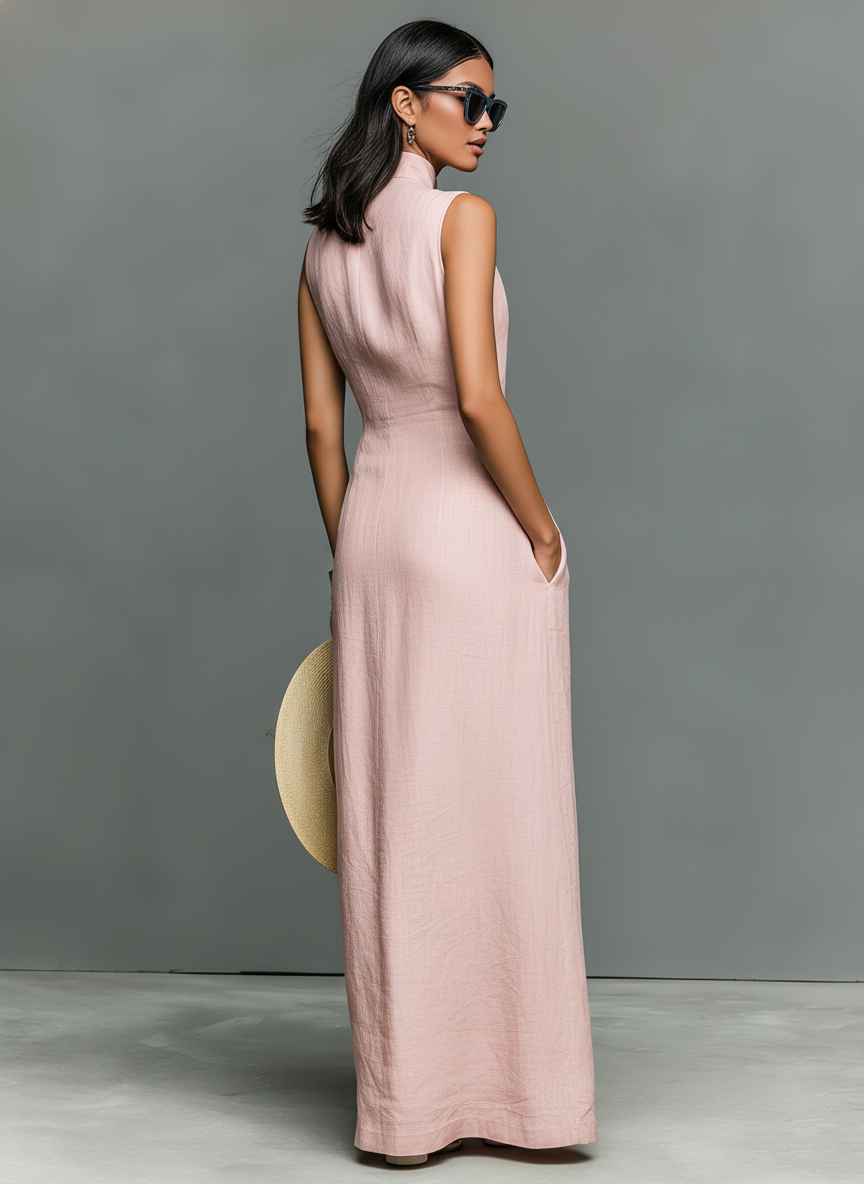 Maxi Dresses for Women in Minimalist Style with Stand Collar and One Closure MDZ1049C1Y