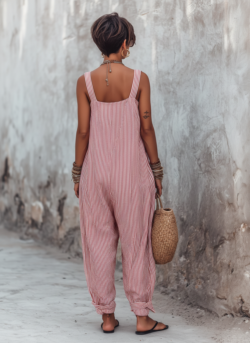 Minimalist Women's Jumpsuit with Stripes, Square Neck, Sleeveless MDZ1052D7Y