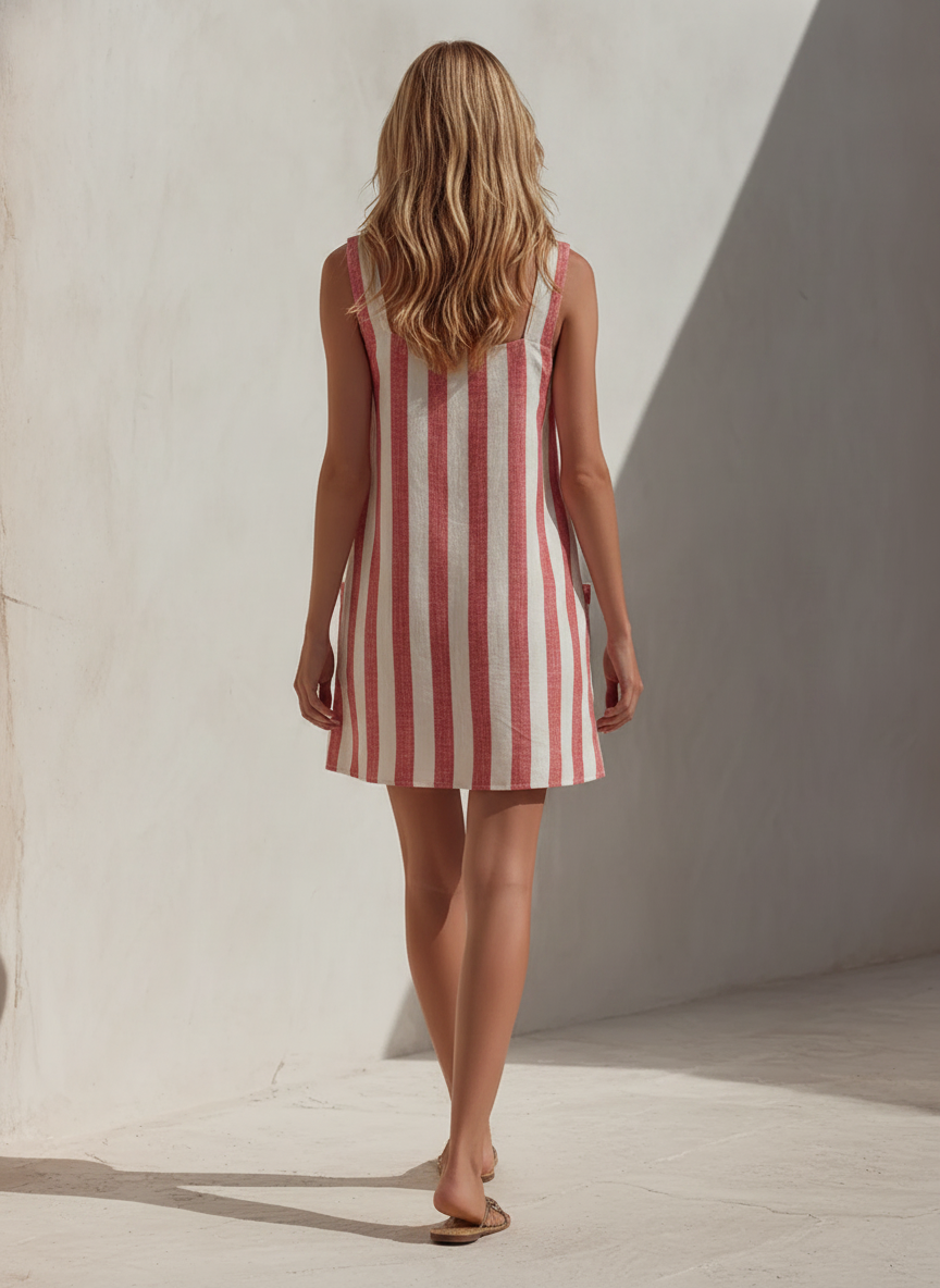 Red and White Striped Mini Dress for Women with Square Neckline and Patch Pockets MDZ1061F5ZRK