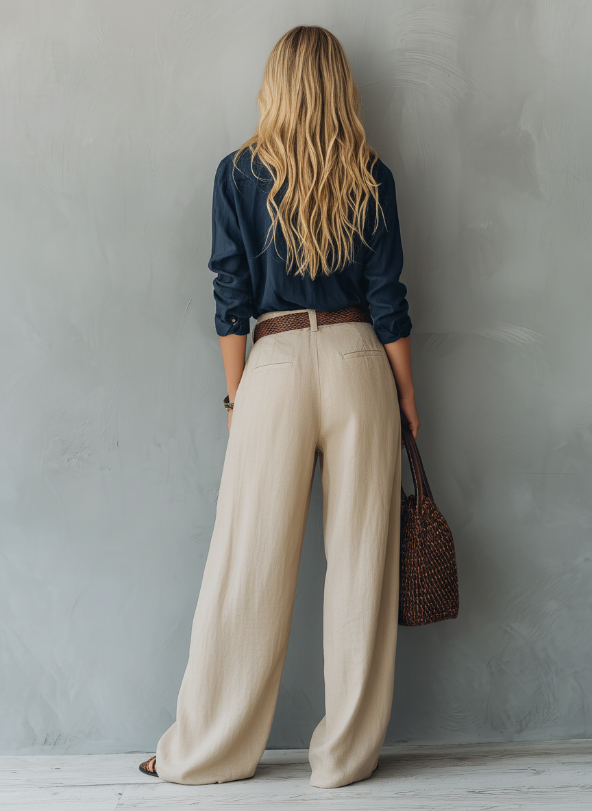 Long Sleeve Polo Shirt for Women in Dark Blue Made of Cotton-Linen Fabric, Paired with Khaki Cotton-Linen Pants (Belt Not Included) MDZ1121E4LXY