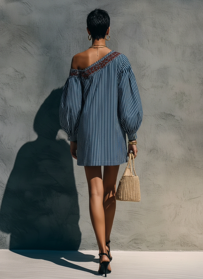Mini embroidered dresses with one strap for women in a minimalist style