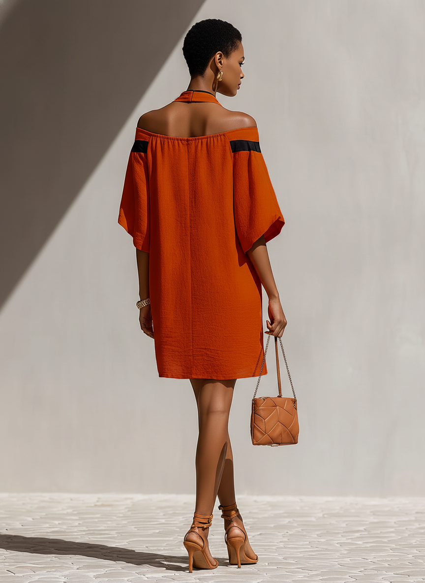 Orange Mini Dress for Women with Black Tie Details at the Neck MDZ1340E3T
