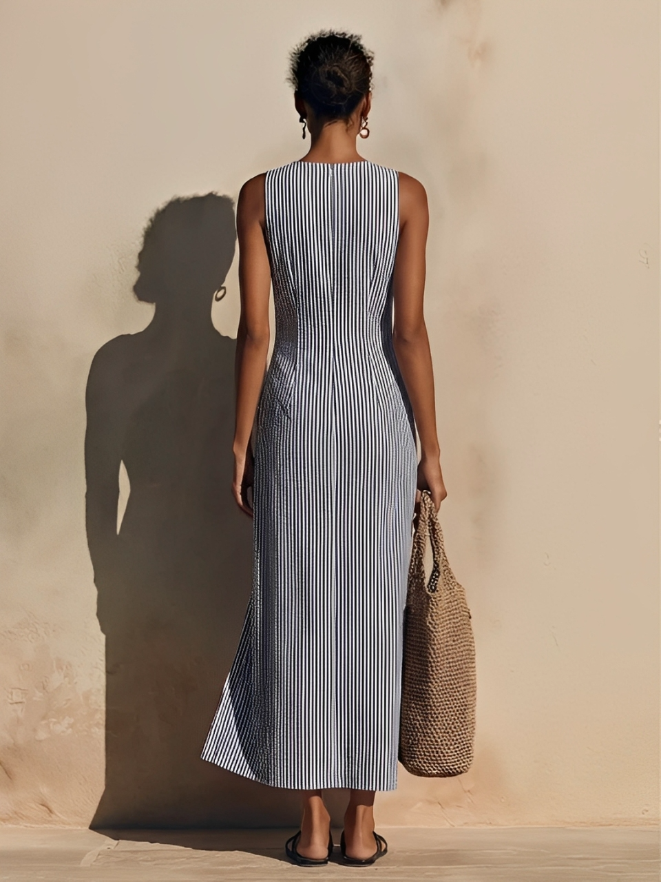 Maxi Dresses for Women in Blue-White with Blazer Style and Double Buttons, Casual Marine Time Dress MDZ1388E5LYL
