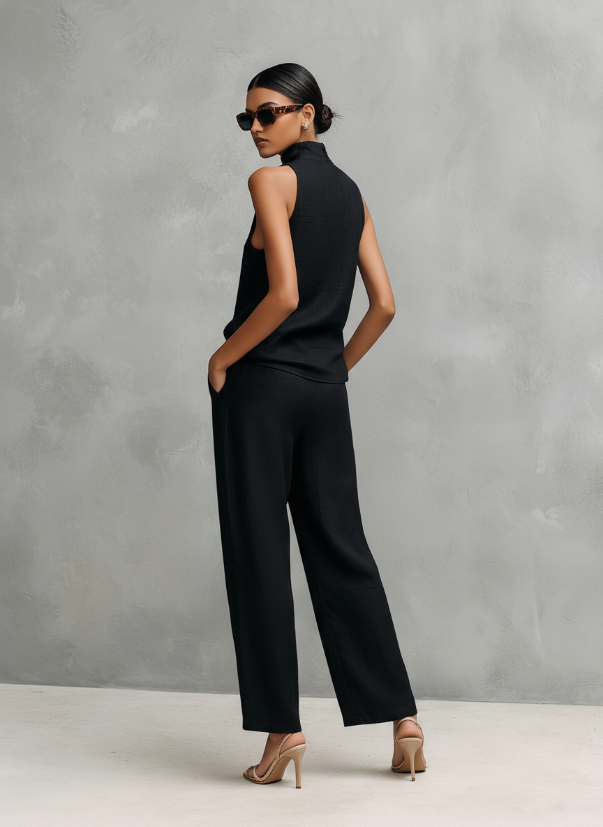 Women's Elegant Black Top and Pants Set, Made of Cotton and Linen, with a Round Collar and Sleeveless MDZ1441A4AN