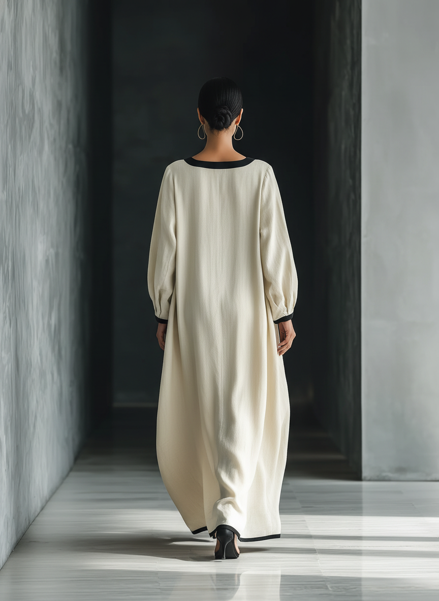 Women's Maxi Dress in Beige Made of Cotton and Linen Blend with Square Neckline, Black Finish, and Large Pockets MDZ1507A0T
