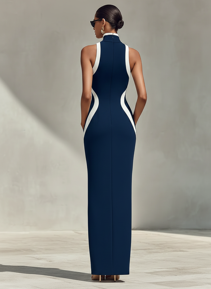 Evening dresses for women in Navy and white with a front zipper and side slit, elegant formal dress with ease MDZ1519D1LYL