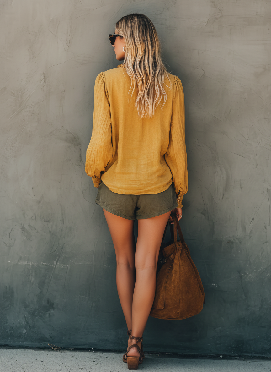 Long Sleeve Yellow Top and Olive Shorts Set for Women MDZ1527E4LXY
