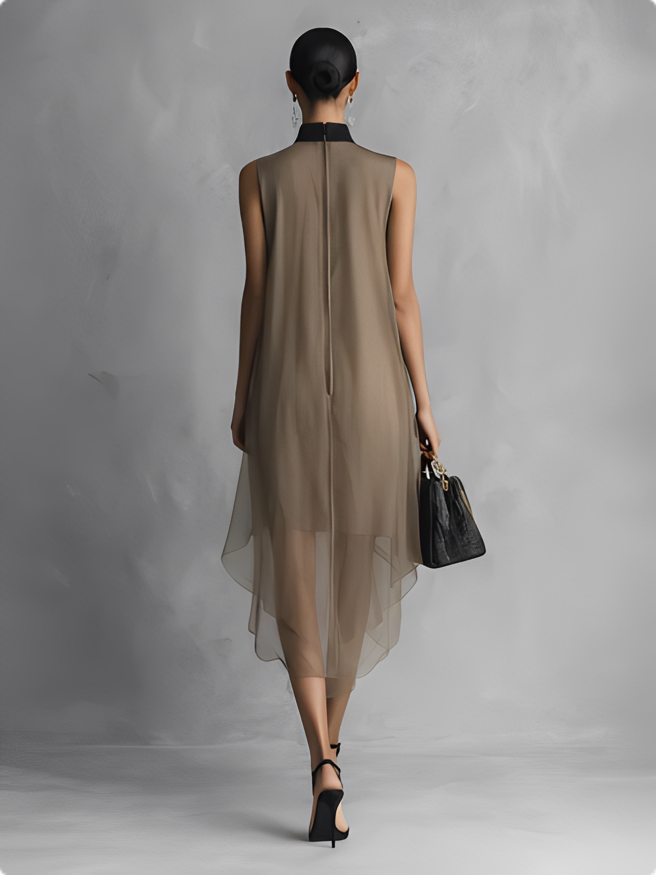 Women's Sleeveless Chiffon Dress in Khaki and Brown with Color Combinations MDZ1535A7BA