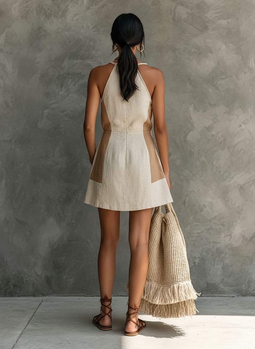 Mini Dresses for Women in Off-White and Khaki with Colorful Cut, with Halter Neckline and Tailored Waist MDZ1598F1GMJ