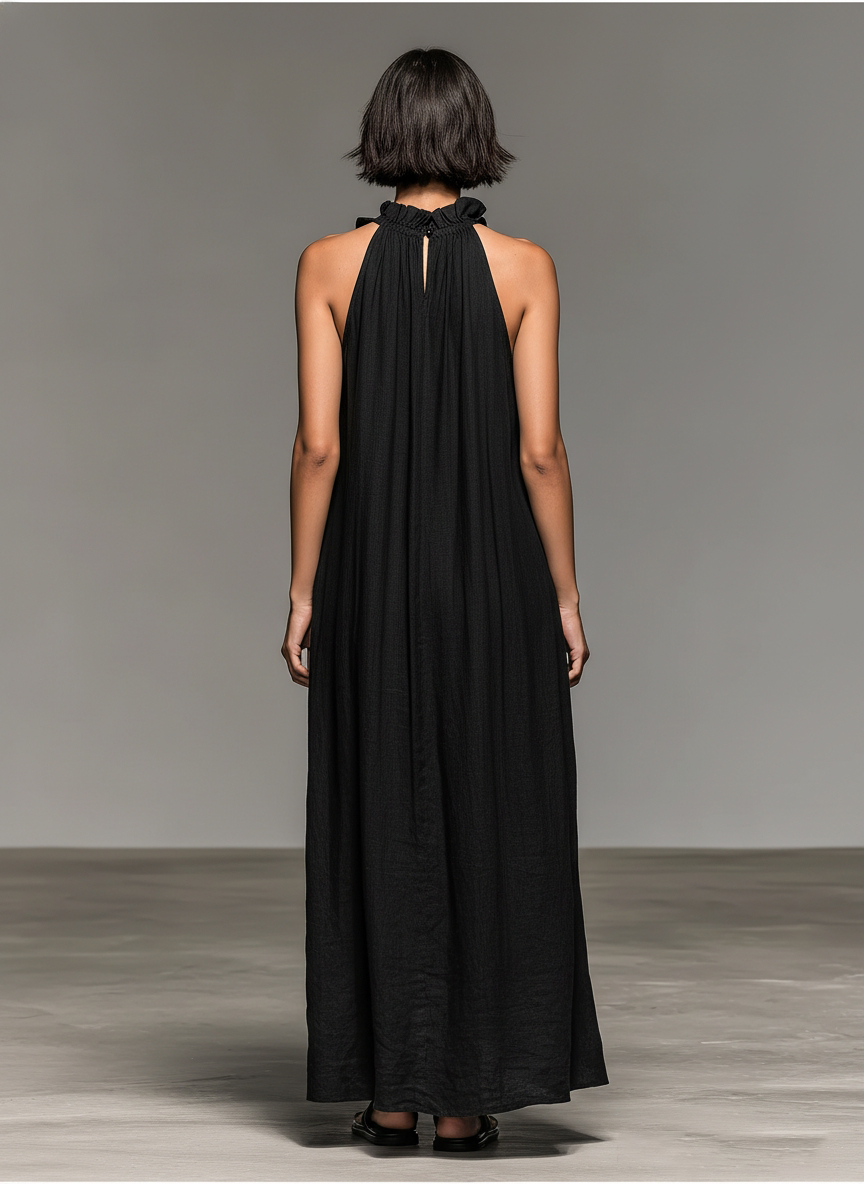Sleeveless Maxi Dresses Made of Minimalist Linen Fabric with Ruffle Details