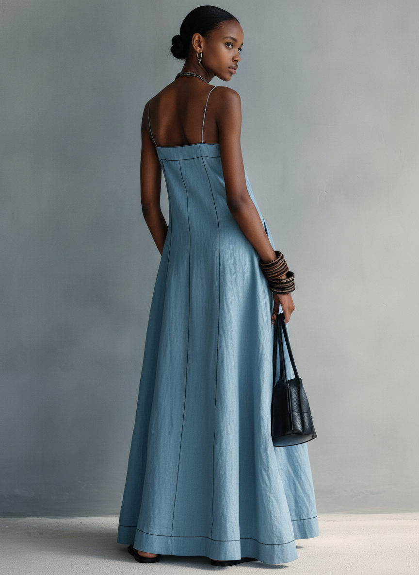 Casual Maxi Dress for Women in Blue Cotton-Blend Fabric with No Sleeves MDZ1660F0LXY